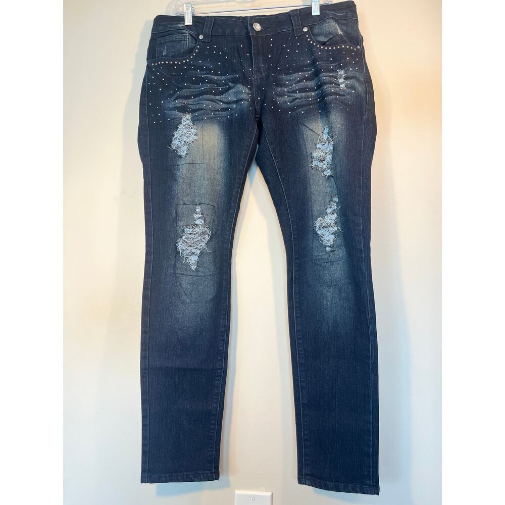Reign Jeans Womens 14 Blue Denim Distressed Embellish Straight Dark Wash Casual